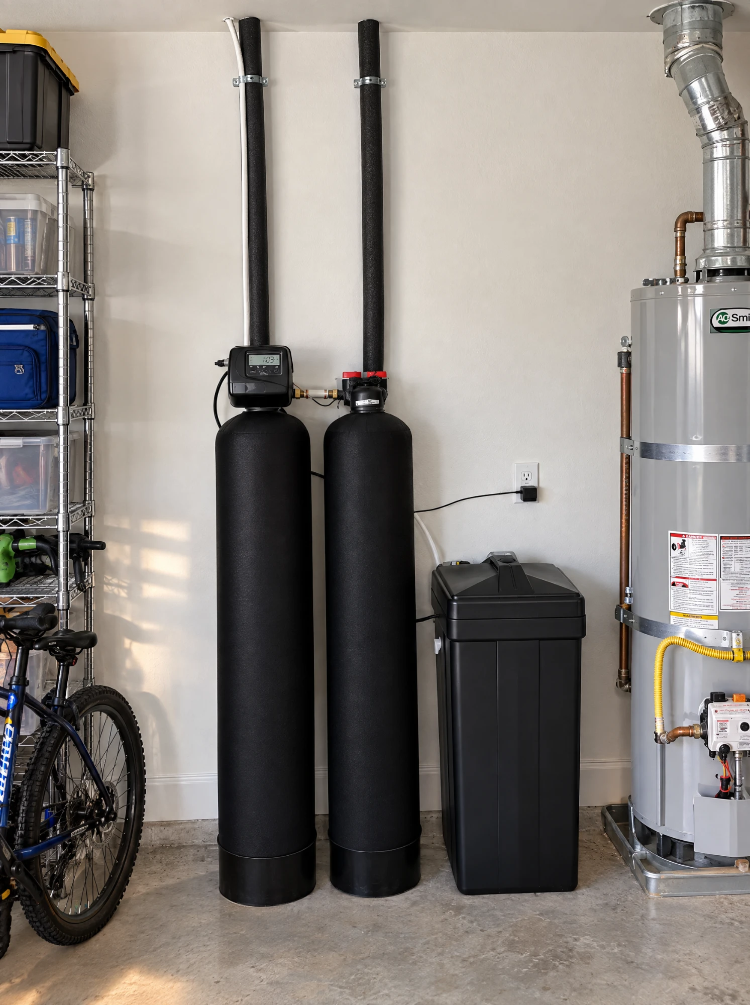 A Pure Water Co system installed in a garage beside the water heater
