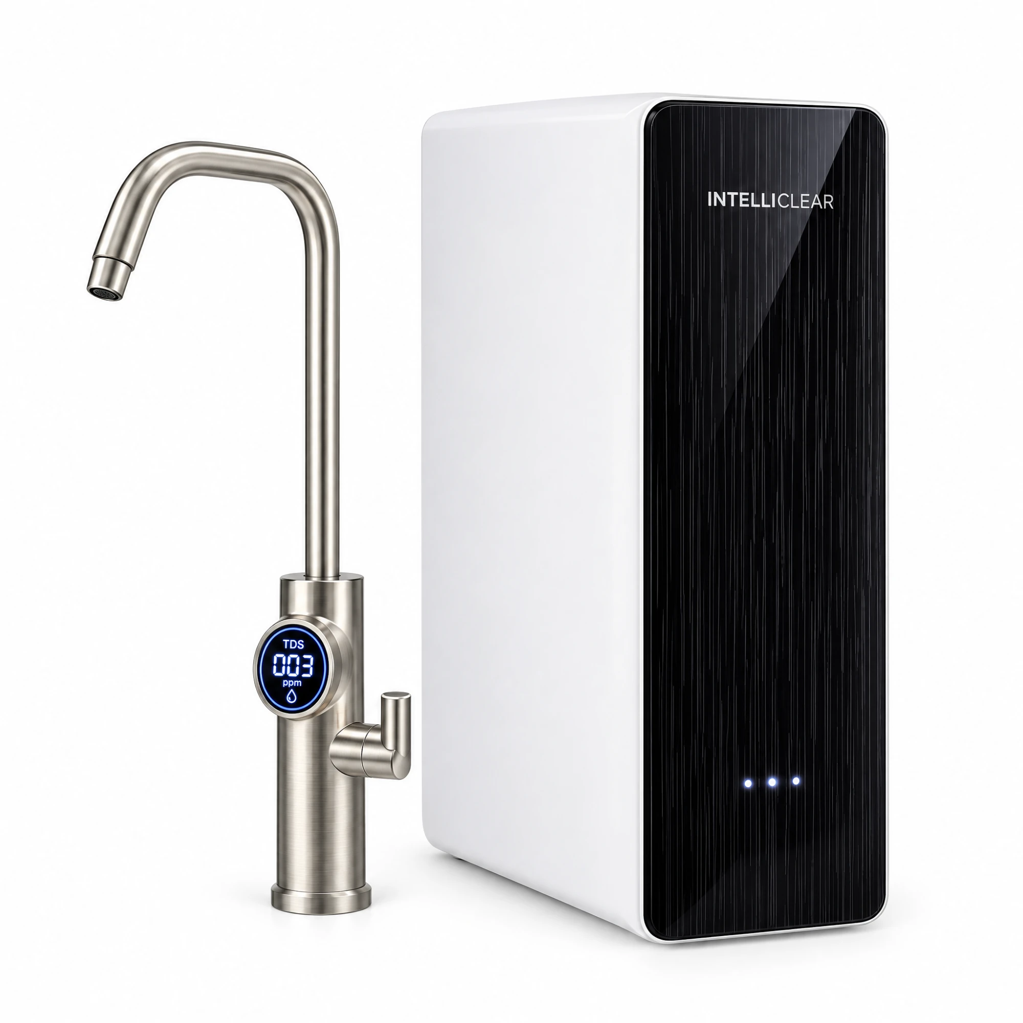 IntelliClear Pro600 reverse osmosis unit with the matching smart faucet showing a TDS reading