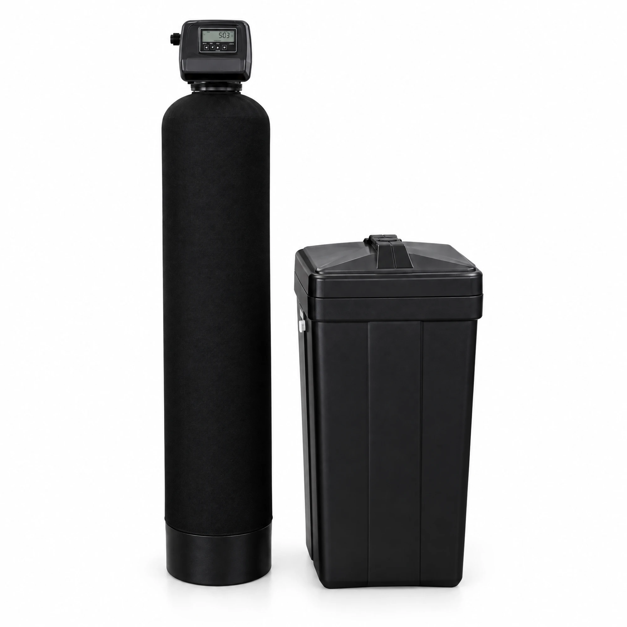 Whole-home water softener tank with digital control valve and separate brine tank