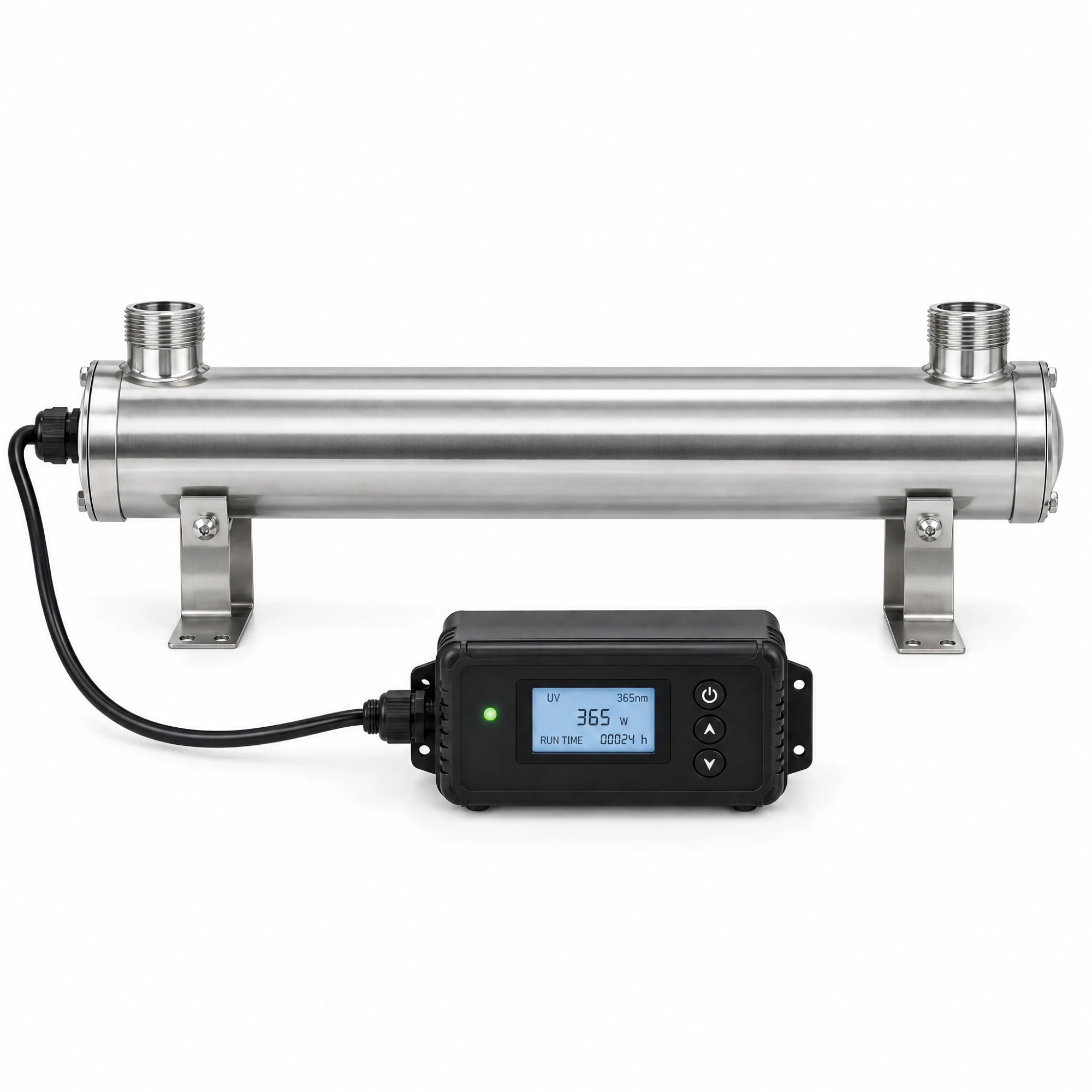 Stainless steel ultraviolet purification chamber with lamp-hour controller